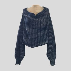 Urban Outfitters Blue Cotton Knit Off Shoulder Cropped Pullover Sweater - S